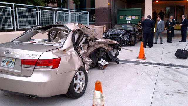 PHOTO: Jurors were taken to see the John Goodmans Bentley and 23-year-old victim Scott Wilsons Hyundai from the crash that killed Wilson. The photo is of the smashed cars with Wilsons car in the front.