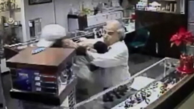 VIDEO: Chuck Lire sprung into action after suspects smashed a glass case in his California store.