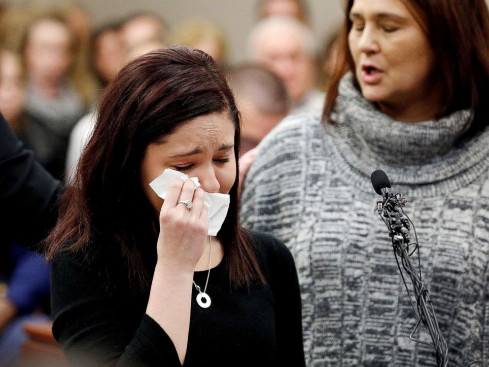 PHOTO: Victim Kaylee Lorincz wipes tears as she speaks at the sentencing hearing for Larry Nassar in Lansing, Mich., on Jan. 24, 2018. 