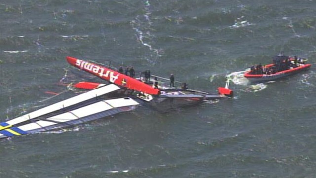 VIDEO: Swedish Artemis Racing catamaran capsized while practicing in San Francisco Bay.