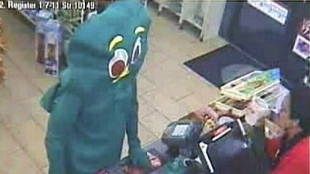 VIDEO: Man dressed as Gumby fumbles in costume during attempted robbery.