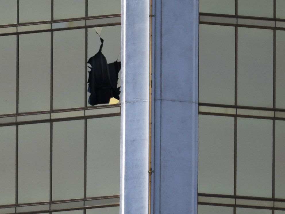 PHOTO: A broken window is seen at The Mandalay Bay Resort and Casino following a mass shooting at the Route 91 Festival in Las Vegas, Oct. 2, 2017.