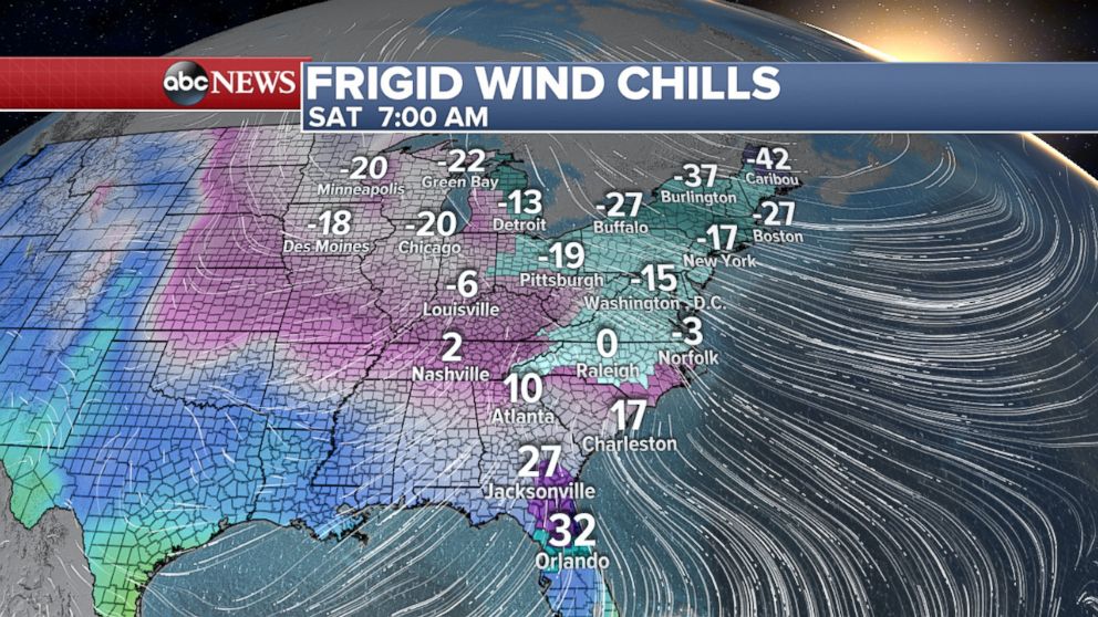 PHOTO: Map showing forecast for wind chills in the eastern U.S. for Saturday morning as of Jan. 5, 2018.