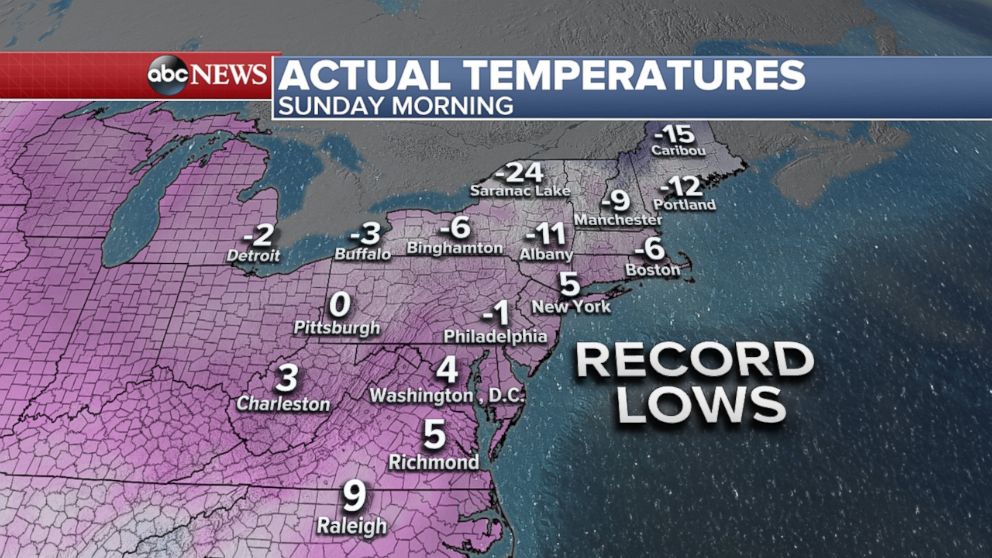 PHOTO: Map showing forecast for record low temperatures in the eastern U.S. for Sunday morning, as of Jan. 5, 2018.