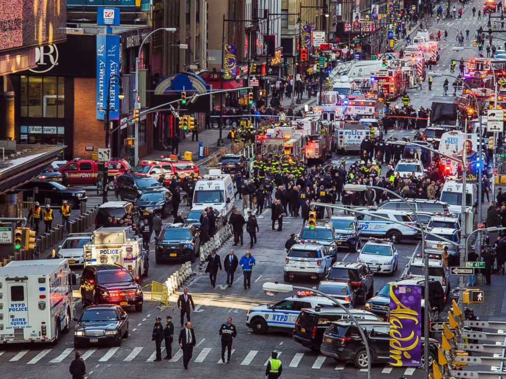 PHOTO: Law enforcement officials work following an explosion near New Yorks Times Square on Dec. 11, 2017.