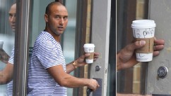 PHOTO: Derek Jeter seen going to Starbucks in the West Village in New York City. The name on his cup says 'Phillip'.