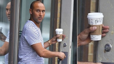 Derek Jeter seen going to Starbucks in the West Village in New York City. The name on his cup says 'Phillip'.