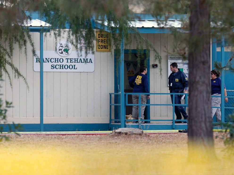 PHOTO: FBI investigators visit Rancho Tehama elementary school in the small community of Rancho Tehama, Calif. where a gunman killed at least four people in a violent rampage that began at a home and ultimately included seven locations, Nov. 14, 2017.