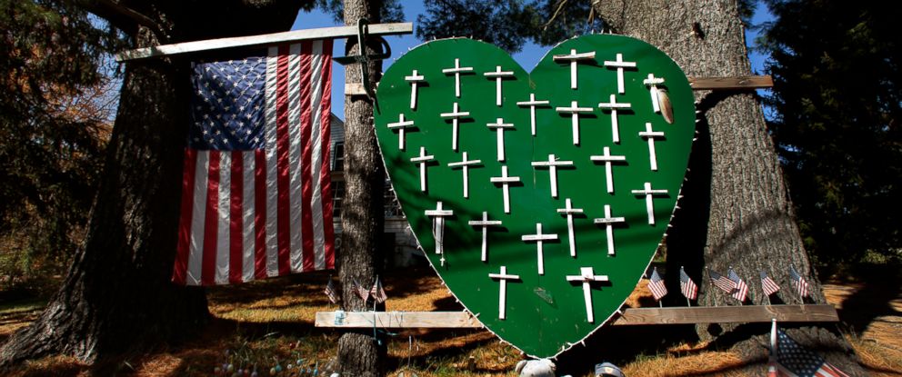 PHOTO: On Oct. 21, 2013, there are still signs around town of the grief felt after the shooting last Dec. 14, that left 20 elementary children and 6 school employees killed by Adam Lanza, who also killed himself. 