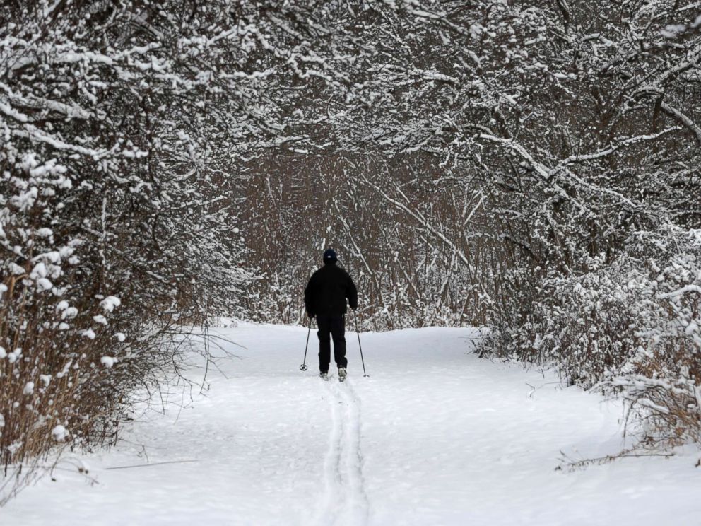 PHOTO: Joe Scharpf cross country skis on a trail after a fresh snowfall in the south chagrin reservation of the Cleveland Metroparks, Dec. 28, 2017, in Moreland Hills, Ohio.