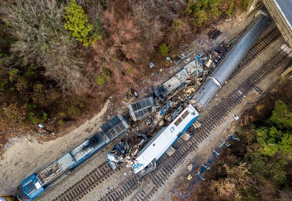 PHOTO: An aerial view of the site of an early morning train crash, Feb. 4, 2018 between an Amtrak train, bottom right, and a CSX freight train, top left, in Cayce, S.C.