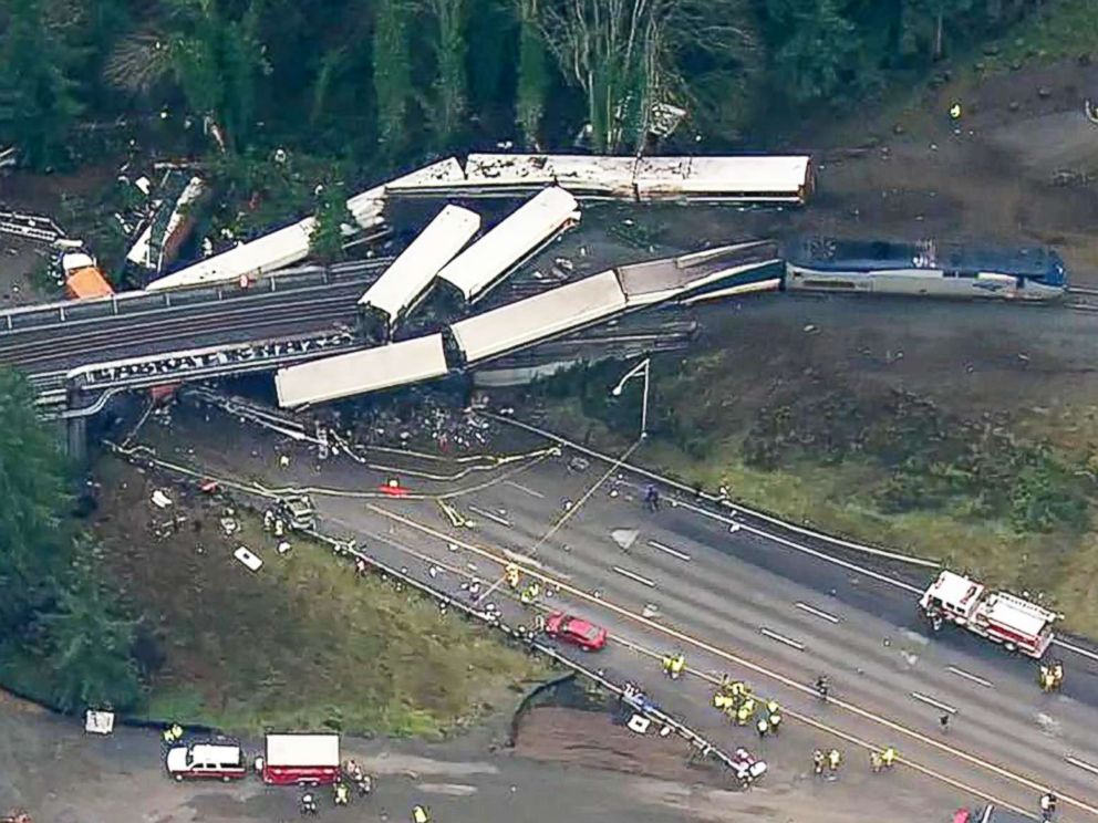 PHOTO: An aerial shot captures the wreckage of a train derailment in Washington state, Dec.18, 2017.