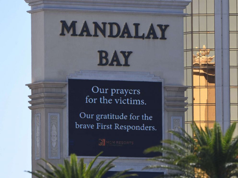 PHOTO: A sign outside the Mandalay Hotel is seen, Oct. 2, 2017, after a gunman killed more than 50 people and wounded more than 200 others when he opened fire on a country music festival in Las Vegas.