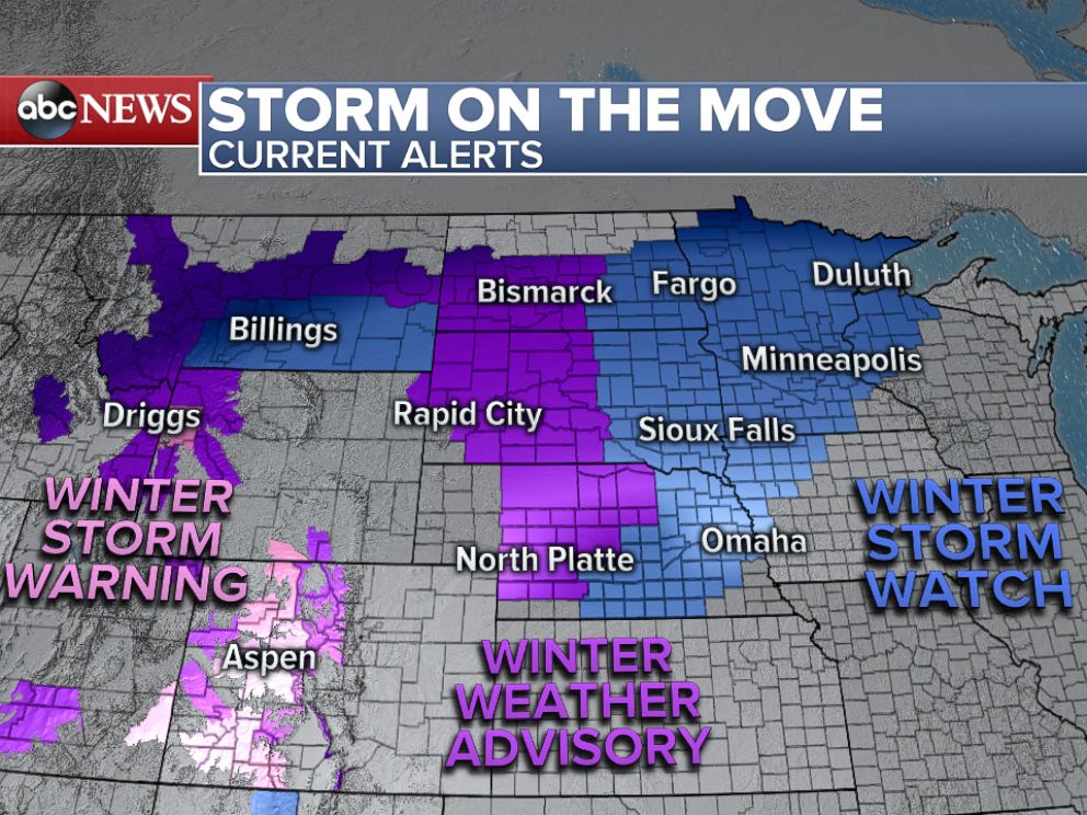PHOTO: On Wednesday, snow will be falling across portions of the Rockies and northern Plains. Heavy snow will be possible at times. By tomorrow evening, its snowing from Aspen, CO to Scottsbluff, NE and up across Rapid City, SD and Bismarck, ND.