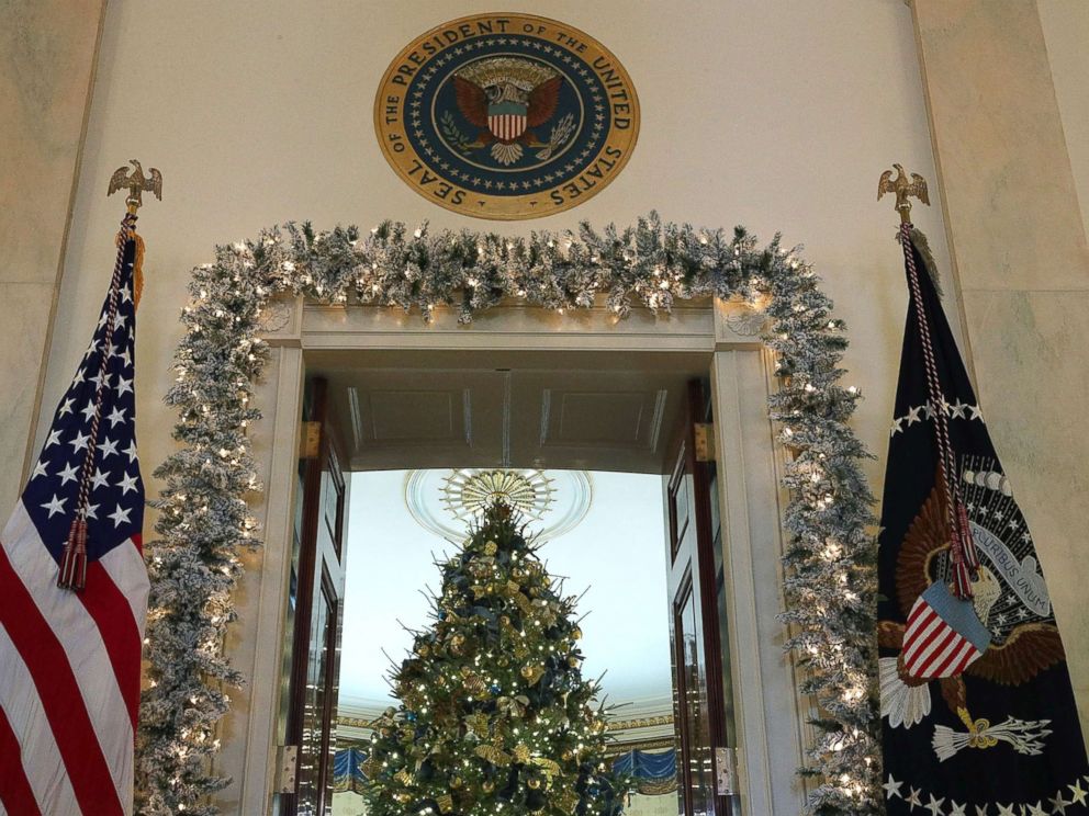 PHOTO: The official White House Christmas tree stands in the Blue Room at the White House during a press preview of the 2017 holiday decorations, Nov. 27, 2017. The theme of the White House holiday decorations this year is Time-Honored Traditions. 