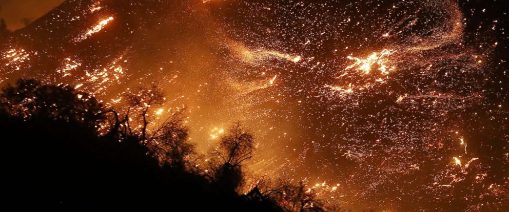 PHOTO: The Creek Fire burns on a hillside in the Shadow Hills neighborhood on Dec. 5, 2017 in Los Angeles. 