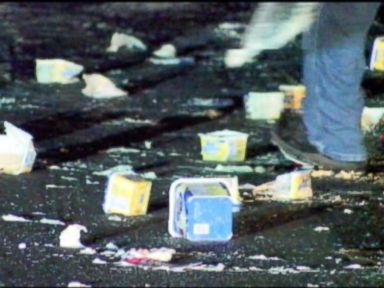 PHOTO: A video grab from WRTV shows some of the 45,000 pounds of dairy products spilled onto I-465 outside Indianapolis, Indiana at around 3:30am on August 1, 2014.