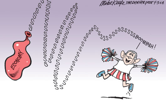 "Bush Cheerleads Economy" Political Cartoon