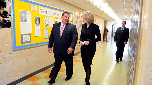 PHOTO: Diane Sawyer and Governor Christie at Lincoln Elementary School in Kearney, NJ, April 6, 2011. Gov. Christie had a question/answer session with a first grade and an 8th grade class before sitting down with Sawyer for an interview.