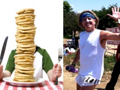 VIDEO: While Greg Hardesty burns 10,000 calories, his son Rio eats 10,000 calories.
