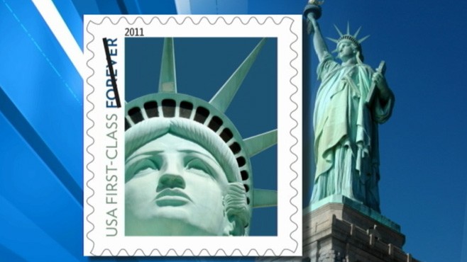 VIDEO: Postal Service uses image of statue in Las Vegas, not of original in New York.