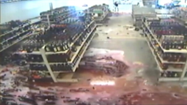 VIDEO: Superior Discount Liquors in Wisconsin loses merchandise when shelves fall.