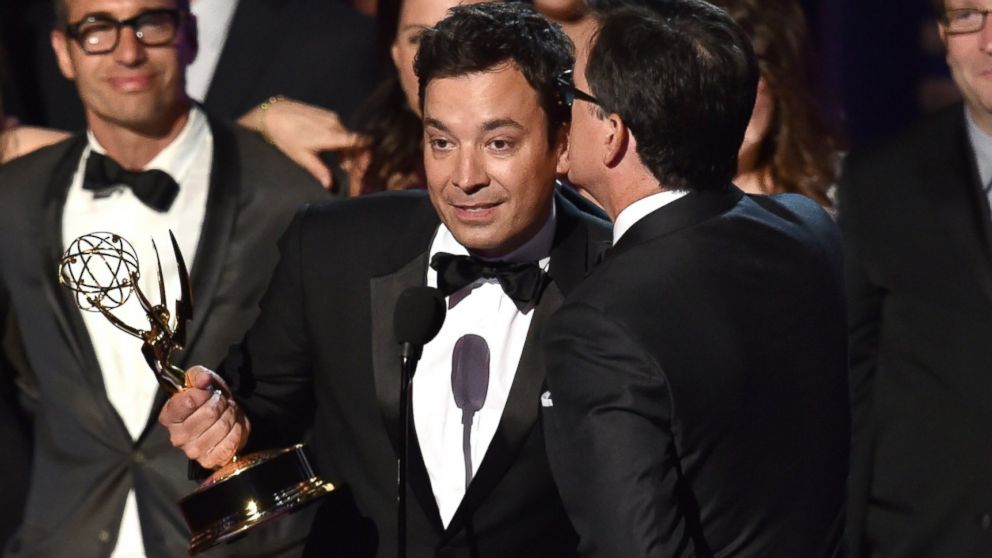 2014 Emmy Awards: Jimmy Fallon Tries to Steal Stephen Colbert's Emmy ...