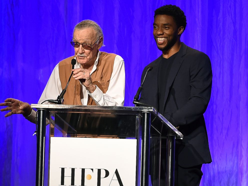 Stan Lee and Chadwick Boseman, of Marvels Black Panther, speak at the Hollywood Foreign Press Association Grants Banquet at the Beverly Wilshire Hotel on Wednesday, Aug. 2, 2017, in Beverly Hills, Calif.
