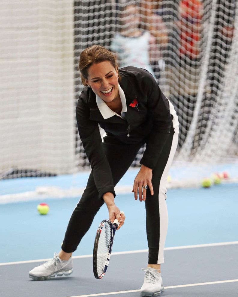 PHOTO: Catherine, Duchess of Cambridge plays tennis at the Lawn Tennis Association in London, Oct. 31, 2017.
