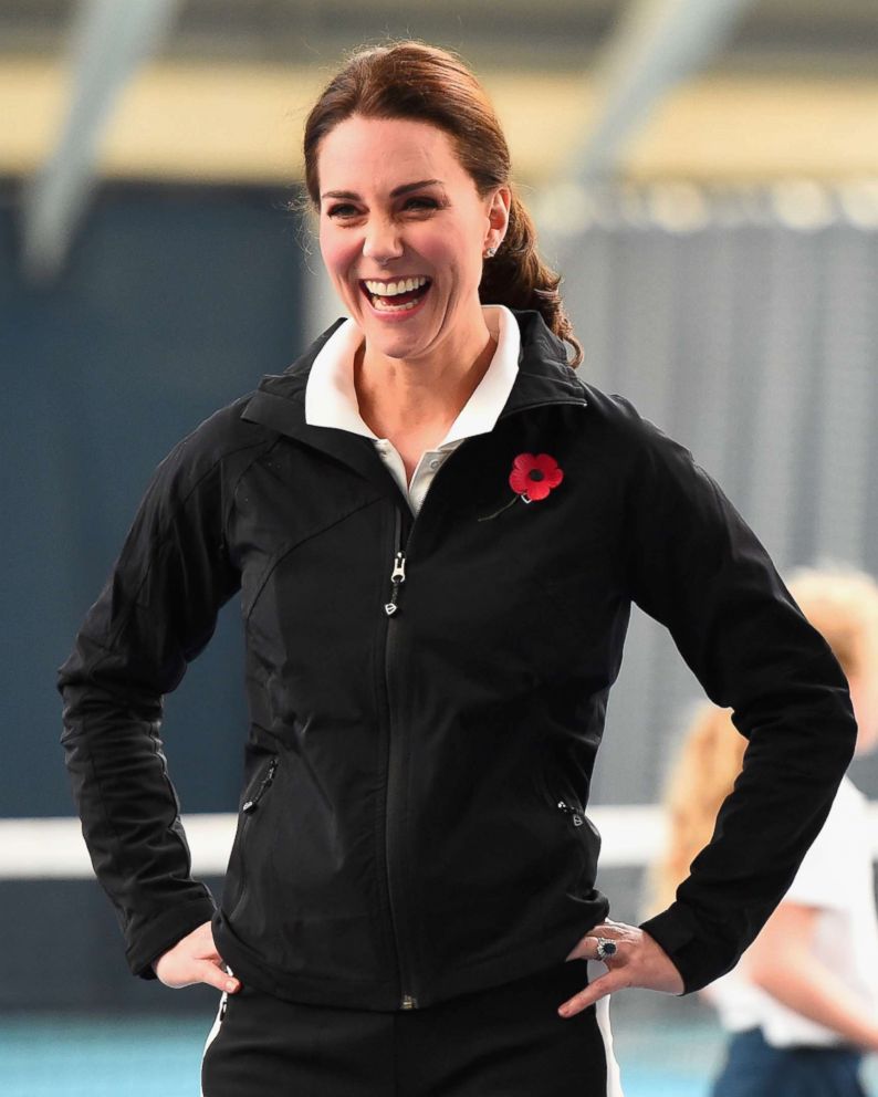 PHOTO: Catherine, Duchess of Cambridge stands on a tennis court at the Lawn Tennis Association in London, Oct. 31, 2017. 