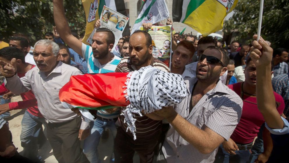 PHOTO: Palestinians carry the body of one-and-a-half year old boy, Ali Dawabsheh, during his funeral in Duma village near the West Bank city of Nablus, July 31, 2015.