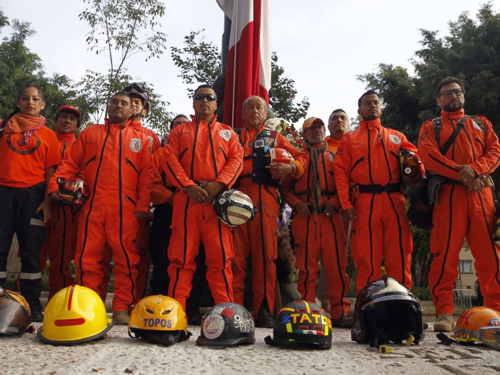 PHOTO: Rescuers known as Los Topos perform an honor guard to commemorate the 32nd anniversary of the 8.0 magnitude earthquake that occurred on September 19, 1985, in Mexico City, Mexico. Moments later a 7.1 magnitude earthquake shook the area. 