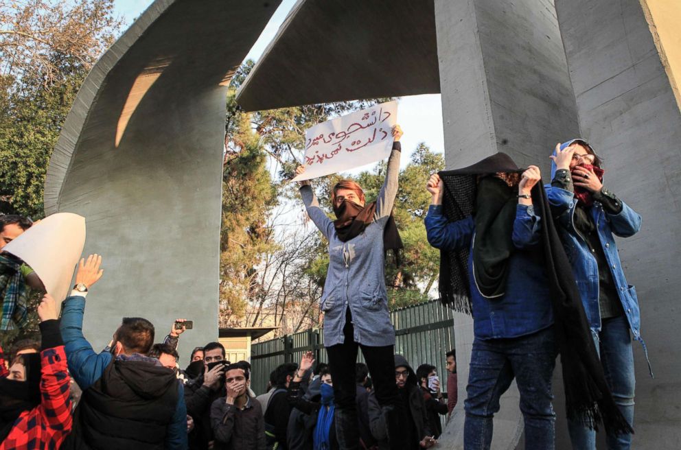 PHOTO: Iranian students protest at the University of Tehran during a demonstration driven by anger over economic problems, in the capital Tehran, Dec. 30, 2017.