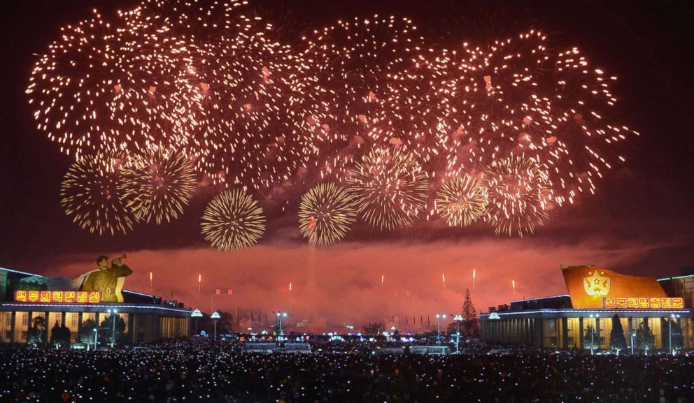 PHOTO: A photo from North Koreas official Korean Central News Agency (KCNA) taken Jan. 1, 2018 shows fireworks ushering in the New Year in Pyongyang, North Korea.