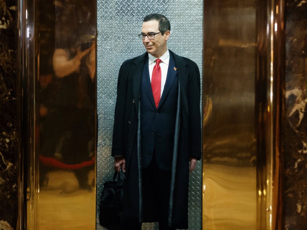 PHOTO: Steven Mnuchin, President-elect Donald Trumps nominee for Treasury Secretary, gets on an elevator after speaking with reporters in the lobby of Trump Tower, Nov. 30, 2016, in New York City.