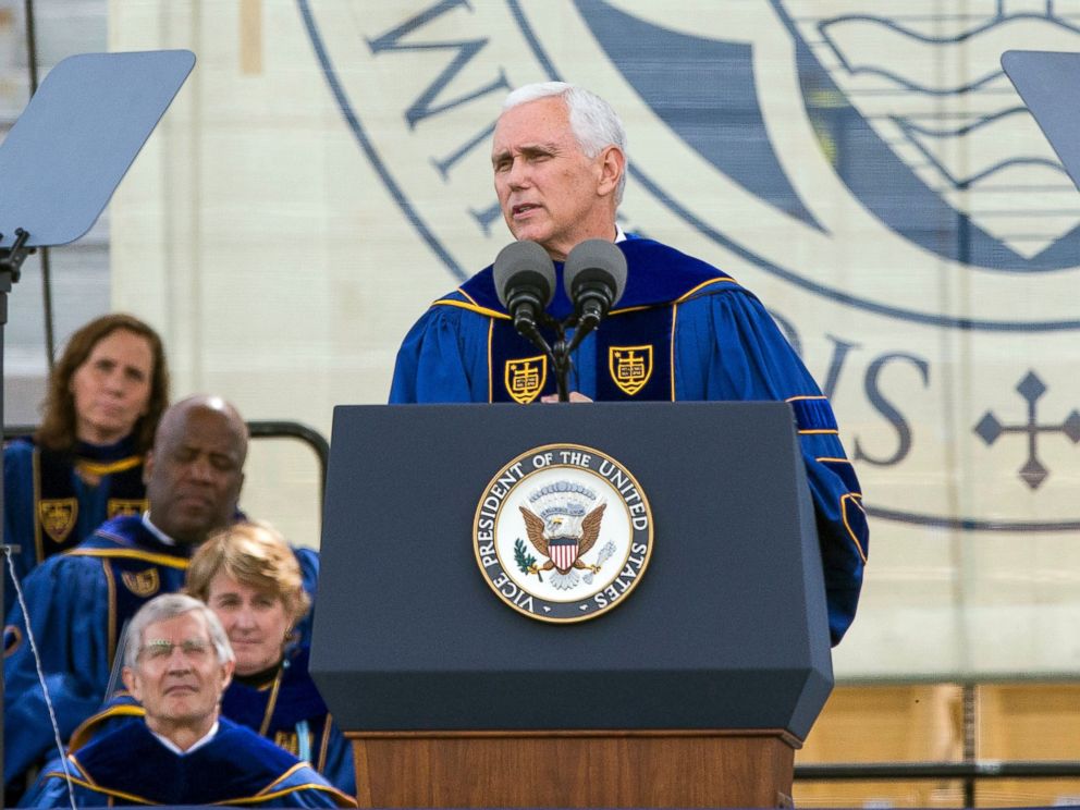 PHOTO: Vice President Mike Pence speaks during the 2017 commencement ceremony, May 21, 2017, in South Bend, Ind. 