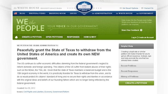 PHOTO: A petition for Texas to secede from the union, submitted to the White House, states, "Peacefully grant the State of Texas to withdraw from the United States of America and create its own NEW government."