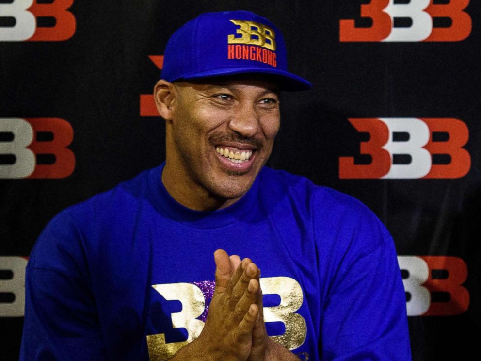 PHOTO: LaVar Ball, father of basketball player LiAngelo Ball and the owner of the Big Baller brand, reacts during a promotional event in Hong Kong, Nov. 14, 2017. 