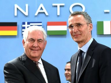   PHOTO: NATO Secretary General Jens Stoltenberg greets US Secretary of State Rex Tillerson upon his arrival at a meeting of the North Atlantic Council (NAC) at the level of Foreign Ministers at the headquarters of the NATO in Brussels on March 31, 2017. 