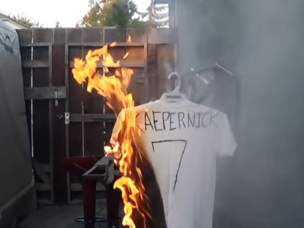 PHOTO: A homemade Colin Kaepernick shirt burns in a video posted to YouTube on Aug. 27, 2016 titled, 49ers Colin Kaepernick Jersey Burning!!