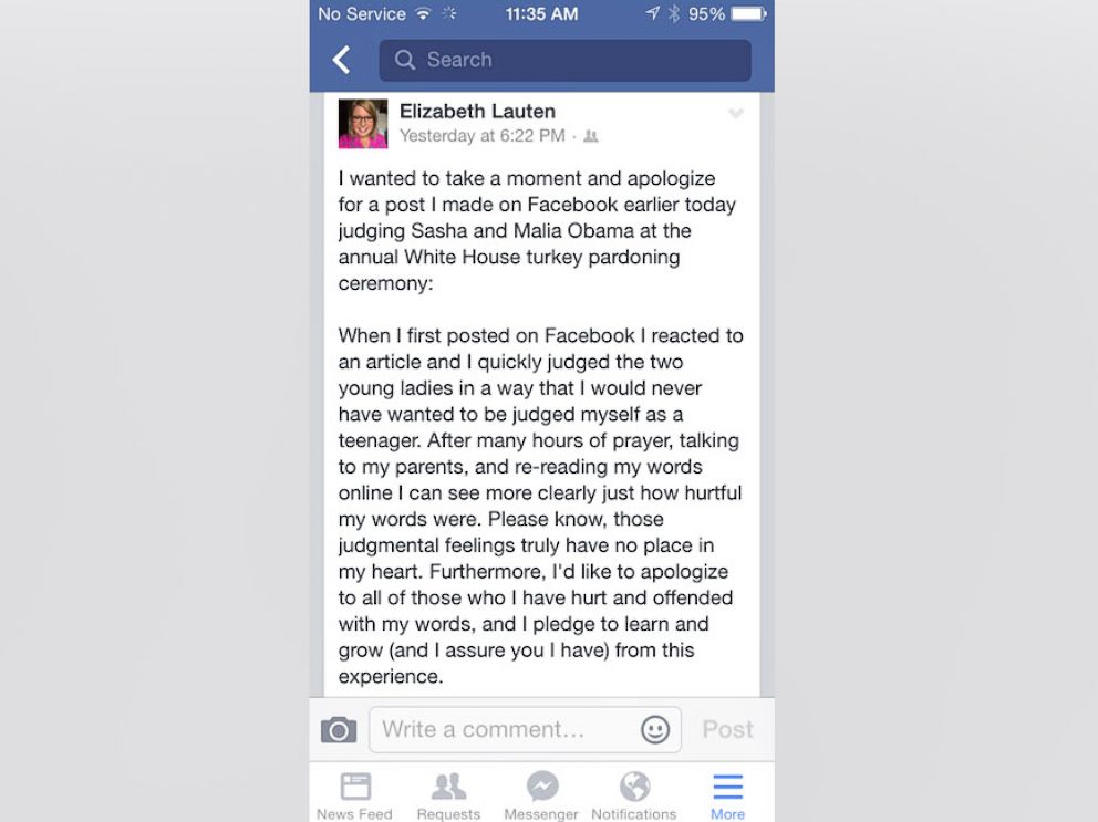 PHOTO: Elizabeth Lauten posted this apology to Facebook, Nov. 28, 2014. 