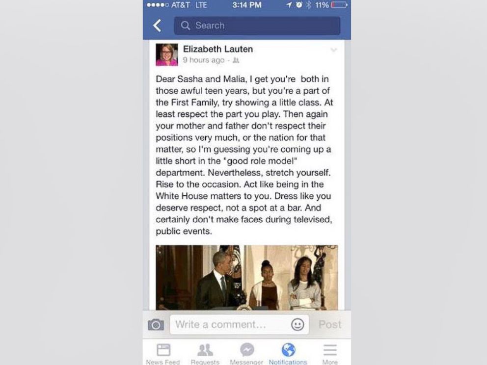 PHOTO: Elizabeth Lauten posted this status to Facebook criticizing Sasha and Malia Obama for their conduct during the turkey pardoning ceremony at the White House.