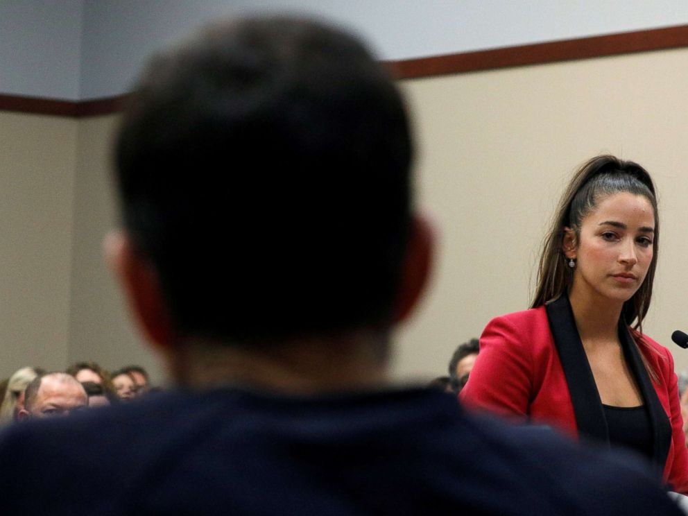 PHOTO: Victim and former gymnast Aly Raisman speaks at the sentencing hearing for Larry Nassar, a former team USA Gymnastics doctor who pleaded guilty in November 2017 to sexual assault charges, in Lansing, Mich., Jan. 19, 2018. 