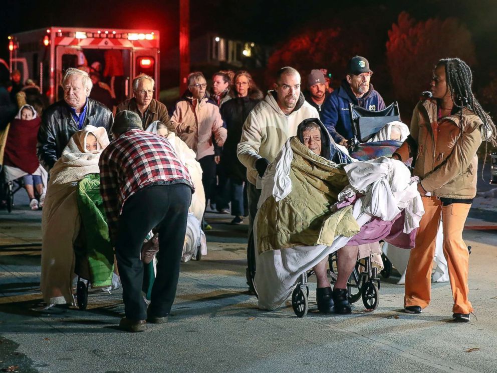 PHOTO: Residents are evacuated from the Barclay Friends Senior Living Community during a fire in West Chester, Pa., Nov. 16, 2017. 