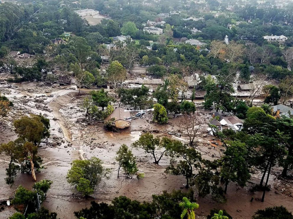 PHOTO: Mudflow and damaged homes in Montecito, Calif., Jan. 10, 2018.