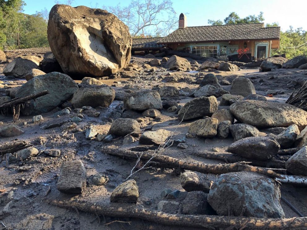 PHOTO: A large boulder rests near destroyed homes along San Ysidro Creek near East Valley Road in Montecito, Calif., Jan. 10, 2018.