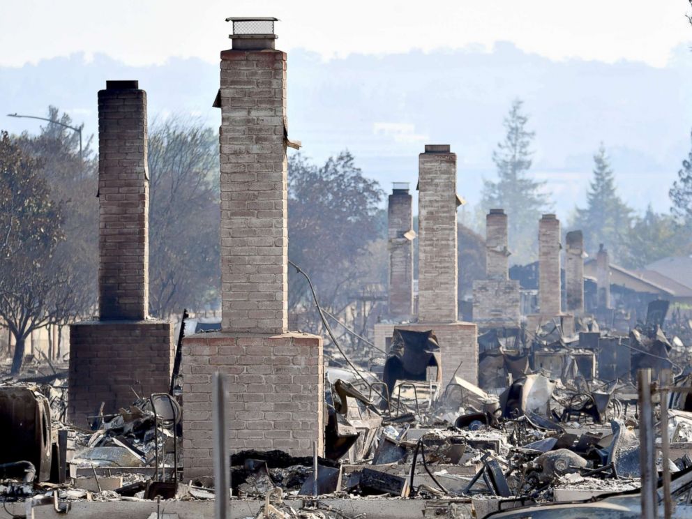 PHOTO: Chimneys are all that remain standing amidst a swath of burned out properties in Santa Rosa, Calif., Oct. 12, 2017.
