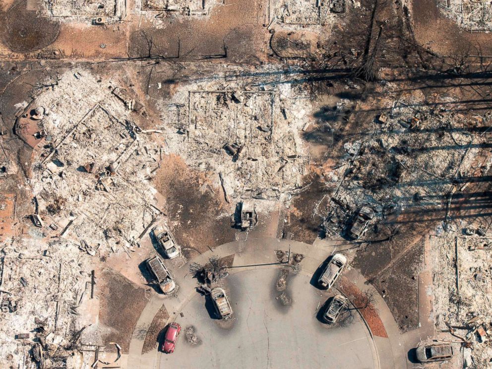 PHOTO: An aerial view shows a burned neighborhood seen in Santa Rosa, Calif., Oct. 12, 2017.