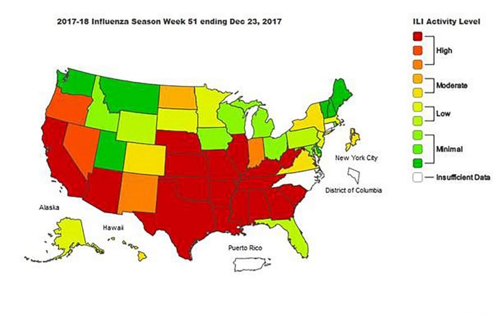 PHOTO: A map indicating recent findings of the CDCs report on the flu.