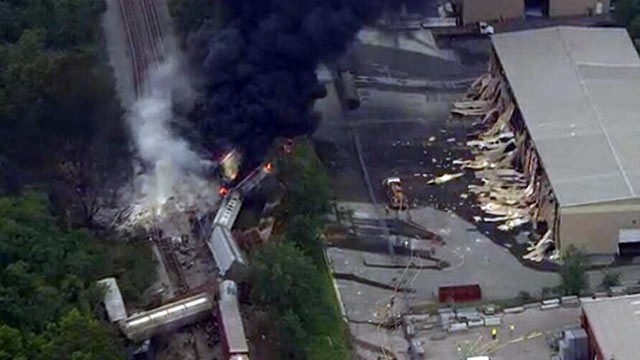 PHOTO: This image provided by WBAL-TV, shows a train derailment outside Baltimore on May, 28, 2013. A fire spokeswoman says the train derailed about 2 p.m. Tuesday in White Marsh, Md.